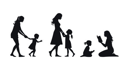 Mother and Children in Silhouetteのイラスト素材
