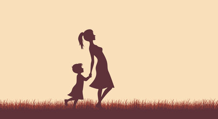 Mother and Children in Silhouetteのイラスト素材