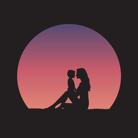 Mother and Children in Silhouetteのイラスト素材