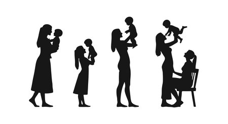 Mother and Children in Silhouetteのイラスト素材