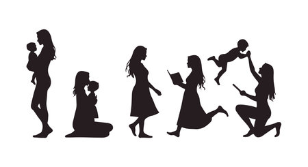 Mother and Children in Silhouetteのイラスト素材