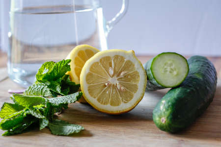 detox water with lemon, cucumber and mintの写真素材