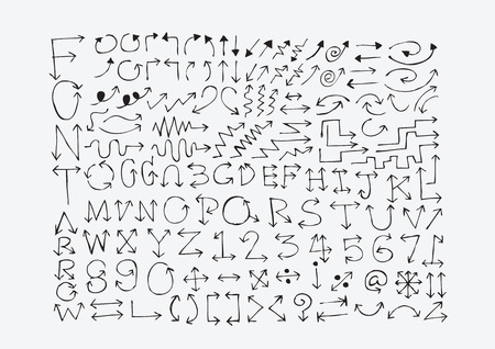 sketch arrows alphabet  , Arrow font A through Z and numbersのイラスト素材