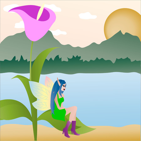 The Elf (fairy) with wings, sits on a flower. のイラスト素材