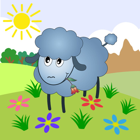 Sheep Cartoon Character Eating A Flower On A Meadowのイラスト素材