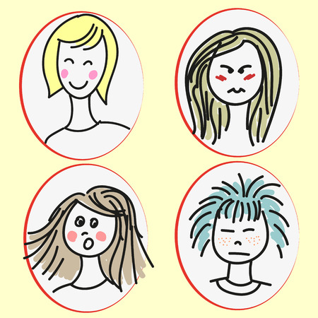 Set of cartoon girls faces with emotional expressions.のイラスト素材
