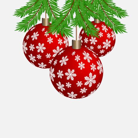 Christmas fir tree branches with balls decoration isolated on white background. New Year background.のイラスト素材