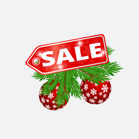 Christmas Sale banner. Christmas fir tree branches with balls decoration isolated on white background.のイラスト素材