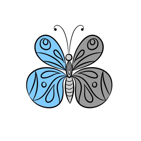 Decorative butterfly, graphic style, hand drawn, black and white isolated vectorのイラスト素材