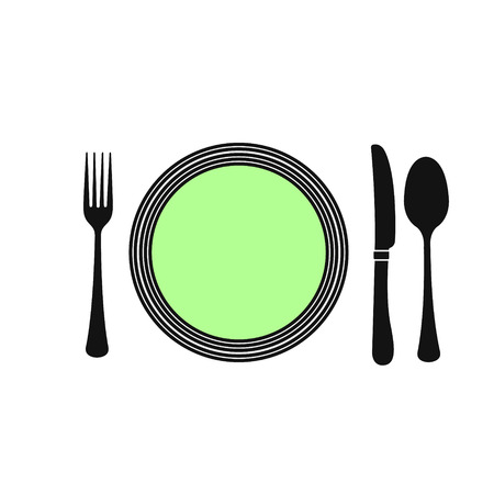 Cutlery on a transparent background. Fork knife and spoon with plate silhouettes. Vectorのイラスト素材