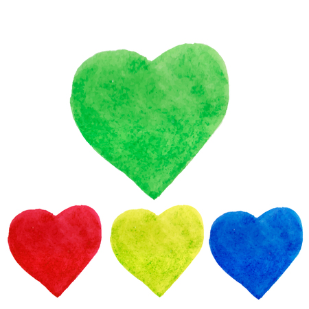 set Watercolor hearts shape splashes, green, blue, yellow and redのイラスト素材