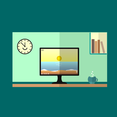 Desktop computer with books on the shelf and the wall clock. A Cup of tea or coffee on the table. Seascape on the PC screen.のイラスト素材