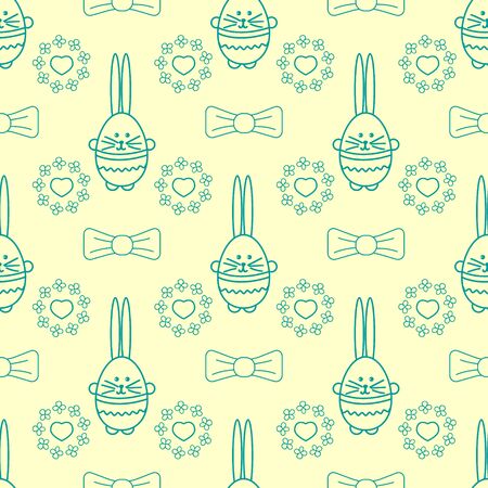 Vector seamless background with rabbit, flowers, bows and heart. Easter eggs background for printing on fabric, paper for scrapbooking, gift wrap and wallpapers. Easter blue seamless background.のイラスト素材
