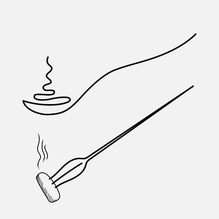 Spoon with hot food, drawing one line. Fork with a piece of hot food.のイラスト素材