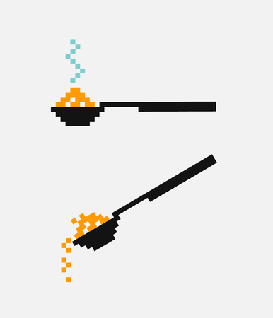 Vector pixel spoon with hot food. A spoon pours the sugar salt food .のイラスト素材