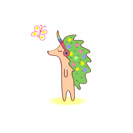 Girl hedgehog with flowers on the skin walking and listening to music in pink headphones. Close his eyesのイラスト素材