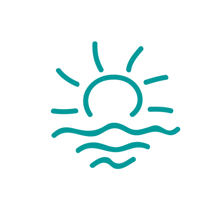 Sun and sea logo. Sketch rising sun with rays and sea waves iconのイラスト素材