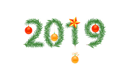 Number 2019, composed of green fir branches, decorated with Christmas balls. Christmas composition, 2019 from the branches of pineのイラスト素材