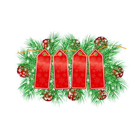 cardboard sale labels. Christmas labels with brush rope. Christmas tree branches and red balls. Vector.のイラスト素材