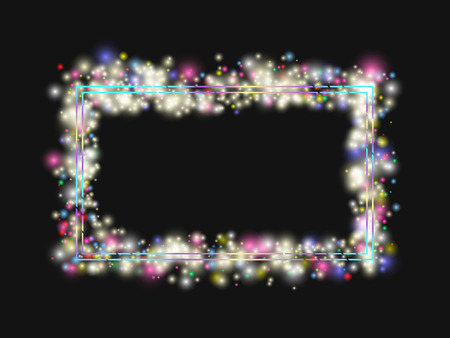 Vector frame in a frame of bright colored lights. On black background. Vector illustrationのイラスト素材