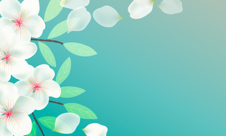 Flowers, branches and leaves of Sakura background. Cherry blossoms , flying petals. Branches with green leaves.のイラスト素材