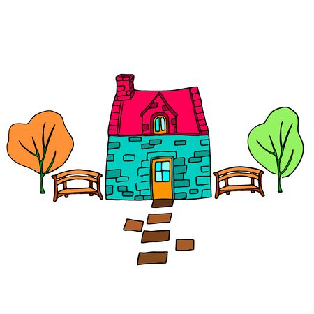 Ancient stone country house. Yard with benches and trees. Colour illustration sketchのイラスト素材