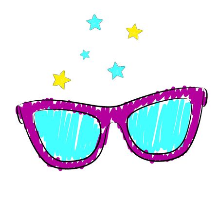 Colorful glasses and cute little stars. Vector sketch doodleのイラスト素材