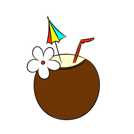 Coconut cocktail, with juice tube, with umbrella and tropical flower. Sketch doodleのイラスト素材