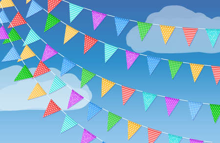 Colorful garland flags on a background of blue sky and white clouds.Vector illustrationのイラスト素材