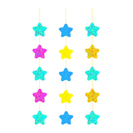 Garland of colored stars-gold, blue, red. Thread with ornaments. A holiday attribute. Vector illustrationのイラスト素材