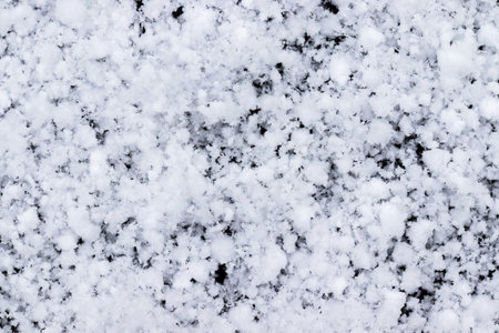Snow grains and snowflakes are sprinkled on a black background. Freshly fallen snow, winter dayの写真素材