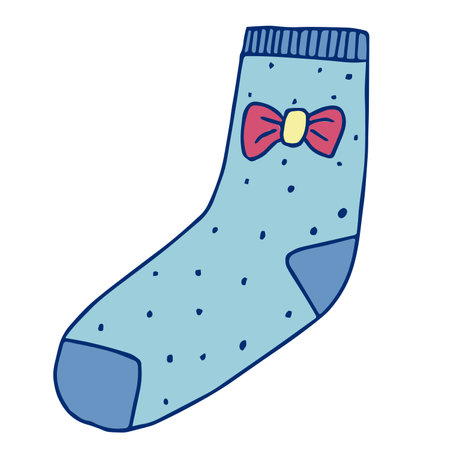 Knitted sock knit Light blue with dark dots and a red bow.., Illustrationのイラスト素材