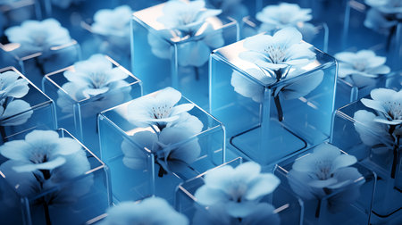 Abstract blue background of geometric rectangular shapes and flowers.の素材