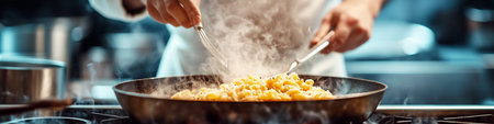 A chef is cooking food in a pan with steam coming out of it. The steam is rising and the pan is hotの素材