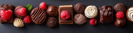 A row of assorted desserts with raspberries on top. The desserts are arranged in a line on a black surfaceの素材
