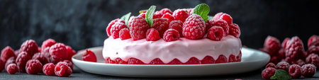 A white cake with red raspberries on top. The cake is sitting on a plate with a few raspberries scattered around itの素材