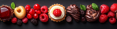 A row of desserts with a variety of flavors including chocolate, raspberry, and cream. The desserts are arranged in a visually appealing manner, with some placed in the centerの素材