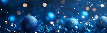 A blue background with a bunch of blue and gold Christmas ornaments. The blue background is the main focus of the imageの素材