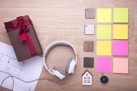 Materials Concept. Top view of wood laminate, veneer, plywood materials on wooden floor. Interior design choose material wood for new home and renovation house. Design concept for home sweet home.の写真素材