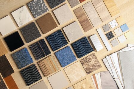 Home construction decorate room with luxury constructions set. Sample of products for home design. Carpets. Stanless steal. Iron Plate.の写真素材