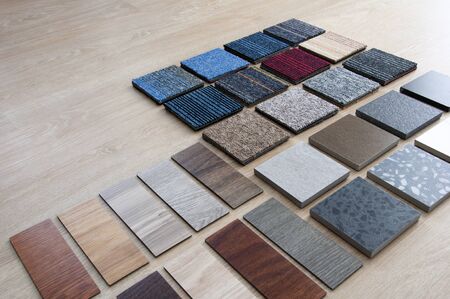 Sample of materials construction on wood background. Materials use for Interio designer. Home construction decorate room with luxury constructions set. Sample of products for home design. の写真素材