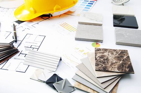 Sample of Mable stone. Materials Construction. House planning on the Interior Desk. の写真素材