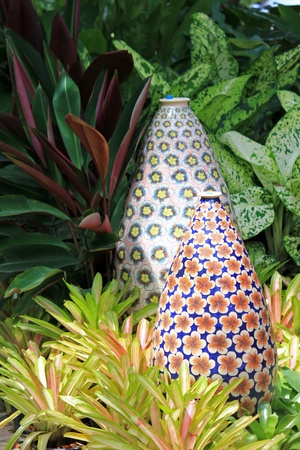 Big enameled Flowery Vase to decorate a Bromeliad gardenの写真素材