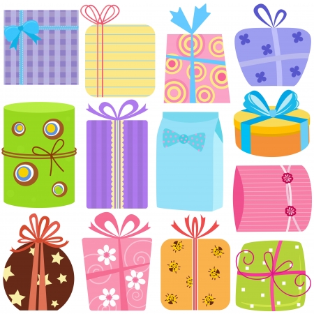 A set of simple and cute vector Icons : Gift Boxes (present), pastel color isolated on white のイラスト素材