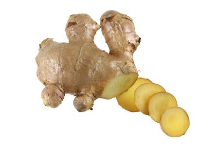 Sliced Old Ginger rhizome root, isolated on a white background