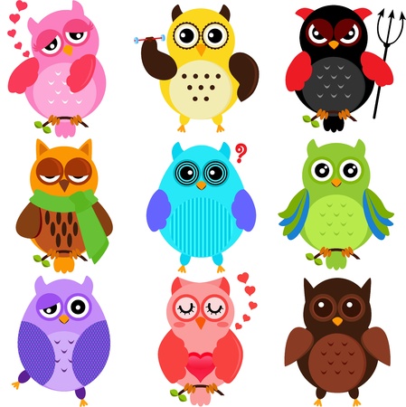 Set of Colorful Owls with different charactersのイラスト素材