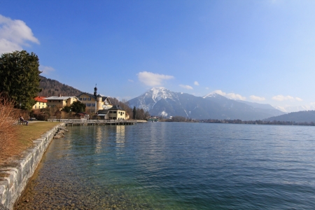 Tegernsee  Zungenbecken Lake , and the view of Wallberg above the lake, Bavarian Alps, southern Germanyの写真素材