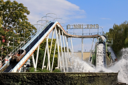 Danube Jump  Donau-Jump , Water game in a hollowed trunk at Wiener Prater, Prater Amusement Park   The trunk reaches the highest drop at 15 meter and the track length is 220 meter  のeditorial素材