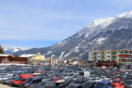 Achenkirch, Austria - March 17, 2013   Many cars parking at the base station at the Ski Lift Christlum Express during the ski seasons  in Achenkirch, Austria  のeditorial素材