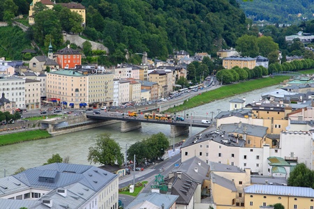 Salzburg, Austria - August 6, 2012   The State Bridge  Staatsbrucke  over Salzach river in Salzburg  View from the fortress Hohensalzburgのeditorial素材